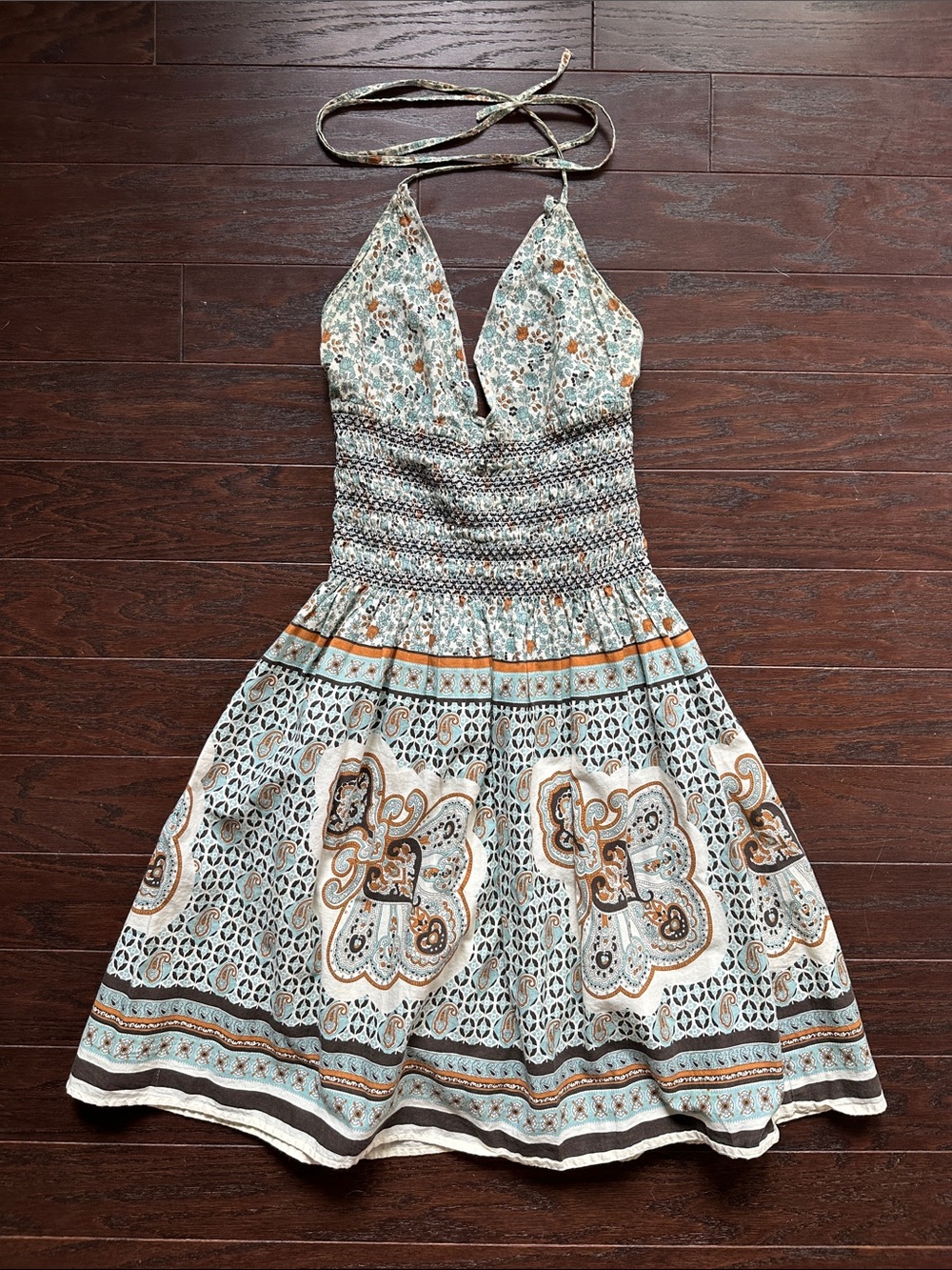 Nicole Teal and Cream Halter Mini Dress with Paisley Print